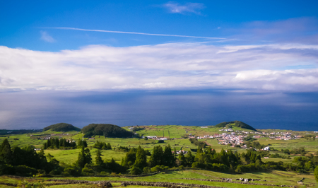 Panoramic view to Terceira island coastline from Santa Barbara viewpoint at Azores, Portugalの写真素材