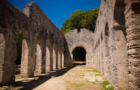 Panoramic view to ruins of The Basilica in Butrint ancient town , near Sarande, Albaniaのeditorial素材