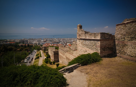 View to ancient wall and Trigoniu tower in Thessaloniki in Greeceのeditorial素材
