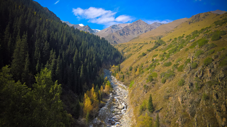 Small waterfall to Too-Ashuu pass and Kara Balta river and valley at Chuy Region of Kyrgyzstanのeditorial素材