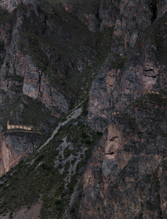 Viracochas or Tunupas image in stone on the mountain Pinkuylluna overlooks Ollantaytambo archaeological site at Cuzco province, Peruのeditorial素材