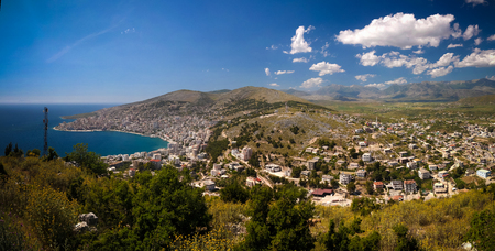 Aerial Panoramic view to Saranda city and bay of Ionian sea from Lekuresi Castle in Albaniaの写真素材