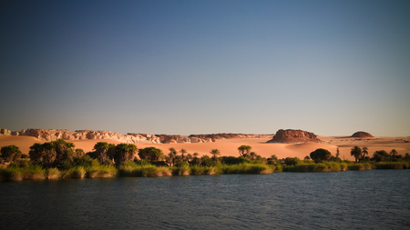 Panoramic view to Boukkou lake group of Ounianga Serir lakes , Ennedi, Chadの写真素材