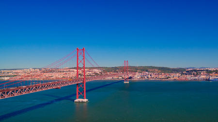 panoramic cityscape view to 25 April bridge in Lisbon, Portugalの写真素材
