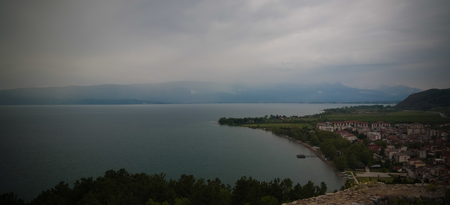 Panoramic aerial view to Ohrid lake and city from Samuels Fortress, Ohrid, , North Macedonia