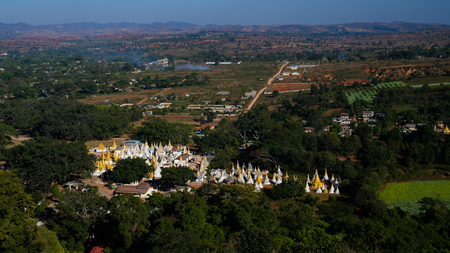 Aerial Panorama of Ruined buddhist stupas , Inn Dein, Myanmarの写真素材