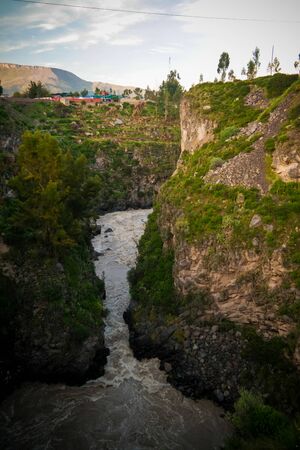 Aerial sunrise panoramic view to Colca river , Chivay, Peruの写真素材