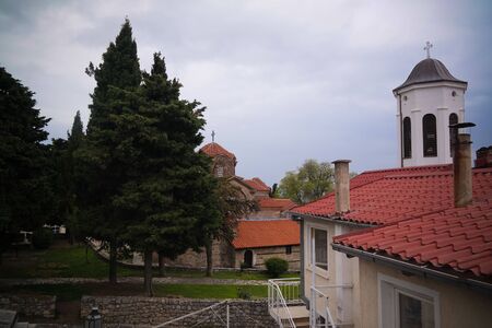 Exterior view to Holy Virgin mary Mary Perybleptos Church in Ohrid, North Macedonia