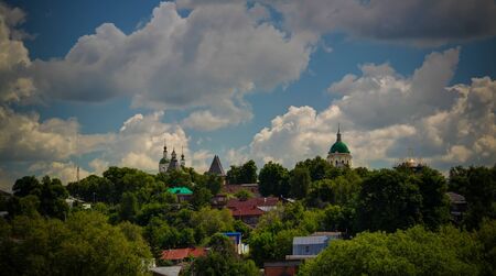 Aerial view to Osyotr river and Zaraysk Kremlin wall with bastion and tower in Moscow region, Russiaの写真素材