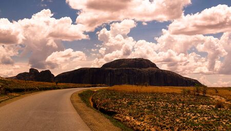 Landscape to Andringitra mountain range and Cardinals hat mountain at Ihosy, Madagascarの写真素材