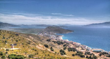 Landscape to the ionian sea from the top of Lekuresi Castle and military bunkers near Saranda, Albaniaの写真素材