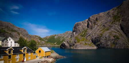 Sea landscape of Nusfjord village and harbour , flakstadoya Island , Lofoten , Norwayの写真素材