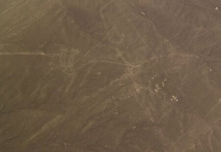 Aerial airplane panoramic view to Nazca geoglyph lines aka Dog, Ica region, Peru