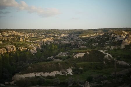 Sunset panoramic view to Goreme city and pigeon valley Cappadocia, Turkeyの写真素材