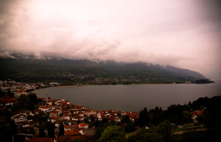 Panoramic aerial view to Ohrid lake and city from Samuels Fortress, Ohrid,, North Macedonia