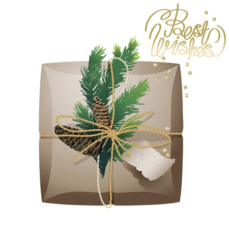 Christmas gift package collection. Parcels of craft paper, pine tree  branches and cones isolated on white backgroundのイラスト素材