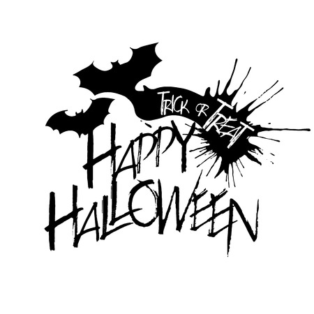 Happy Halloween. Trick or treat. Text on flying bat silhouette. Black and white designのイラスト素材