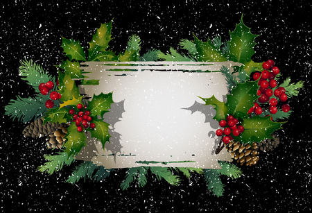 Christmas vector design with holly leaves and berries, coniferous branches and cones on the bark. Snowflakes in the foreground.のイラスト素材