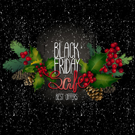 Black friday sale.Black ink stain with  holly leaves and berries, coniferous branches and cones. Snowflakes in the foreground. Christmas vector designのイラスト素材