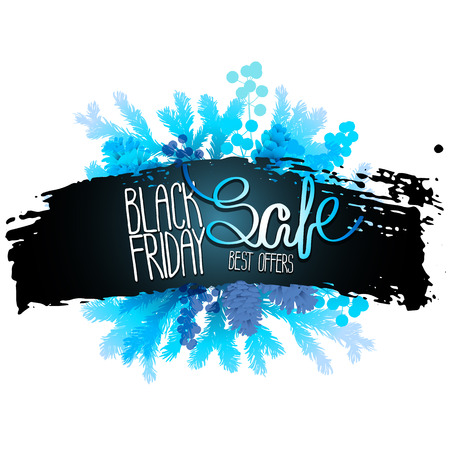 Black friday sale. Black ink texture decorated with holly leaves and berries, coniferous branches and cones. Winter vector designのイラスト素材