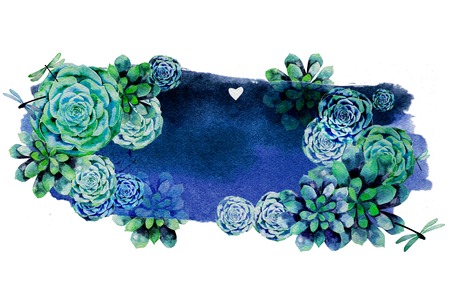 Vintage design with succulents  and watercolor texture on backgroundの写真素材