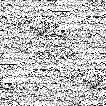 Ocean storm waves seamless pattern drawn in line art style. Tsunami. Coloring book page designのイラスト素材