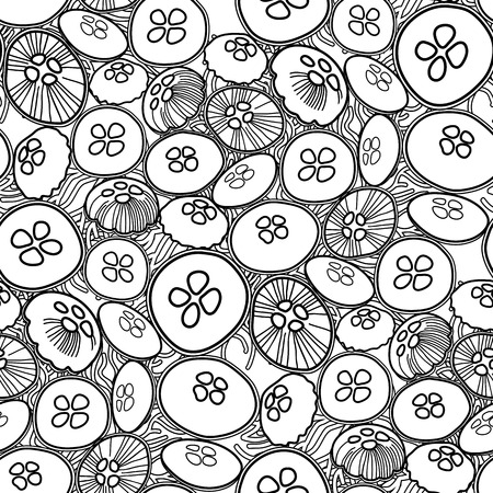 Vector jellyfish seamless pattern drawn in lineart style. Ocean fauna in black and white colors. Coloring book page designのイラスト素材