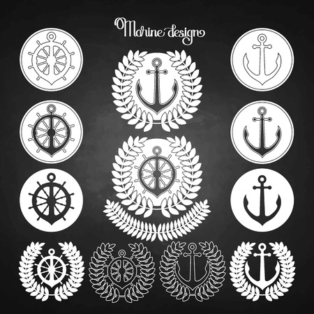 Graphic nautical emblem.  Anchor and steering wheel in the circle shape. Ocean vector design isolated on chalkboardのイラスト素材