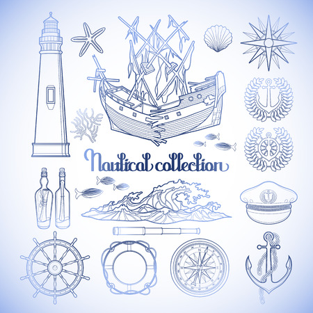 Graphic nautical collection drawn in line art style. Marine vector elements in blue colors. Ocean decorations. Coloring book page designのイラスト素材