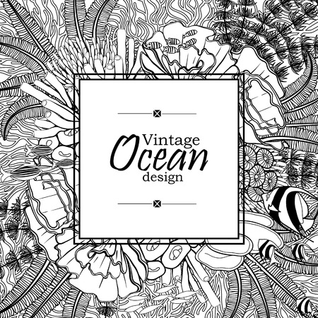 Vintage graphic card with ocean flora and fauna with square frame.  Fish, seashells, seaweed and corals drawn in line art style on white background. Coloring book page designのイラスト素材