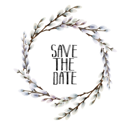 Watercolor pussy-willow wreath. Spring branches. Save the date. Easter decorations. Vector frame isolated on white backgroundのイラスト素材