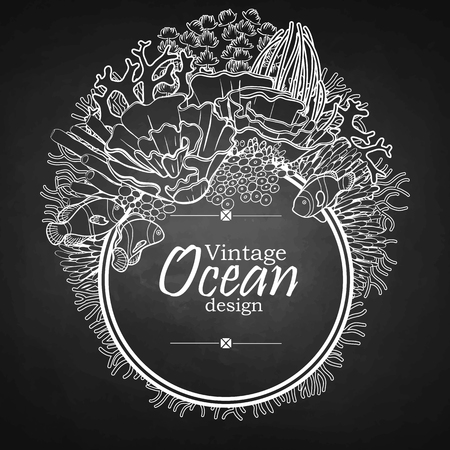 Vintage graphic card with ocean flora and fauna with circle frame.  Fish,  seaweed and corals drawn in line art style on chalkboardのイラスト素材