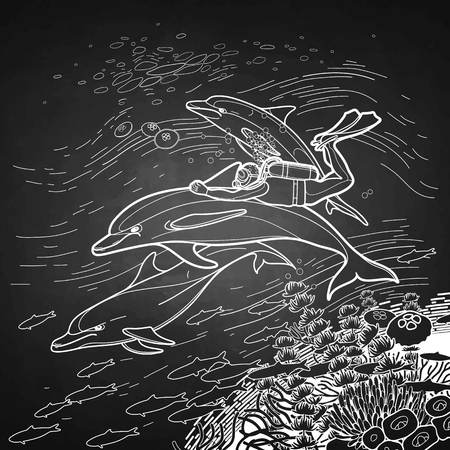 Graphic scuba diver riding the dolphin over the coral reef. Summer underwater activity. Sea and ocean vector creatures in black and white colors. Vector art isolated on chalkboardのイラスト素材