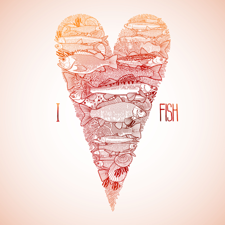 Graphic ocean  fish in the shape of tilda heart. Saltwater fish for seafood menu. Sea and ocean creatures isolated on white backgroundのイラスト素材