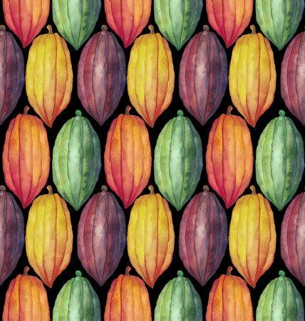 Watercolor cocoa fruit seamless pattern. Hand drawn exotic colorful cacao plantsの写真素材