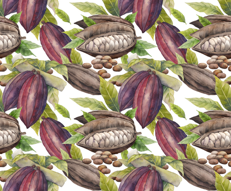 Watercolor cocoa fruit seamless pattern. Hand drawn exotic cacao  plantsの写真素材