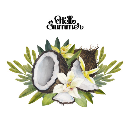 Watercolor vanilla flowers and coconut. Floral vignette. Hand painted natural design isolated on white background.のイラスト素材