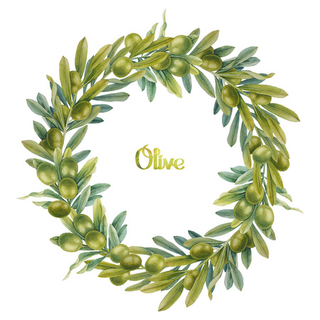 Watercolor green olive wreath. Hand painted natural designの写真素材