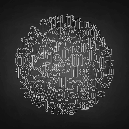 Handwritten calligraphic script. Ornate graphic alphabet. Vector font drawn in line art style. Uppercase and lowercase letters and numerals isolated on chalkboardのイラスト素材