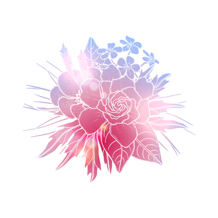 Graphic floral card. Vector isolated leaves and flowers in cute vignette. Wedding style decorations in blue and pink colorsのイラスト素材