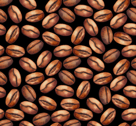 Watercolor coffee seamless pattern isolated on white background. Hand painted leaves, flowers and beansの写真素材