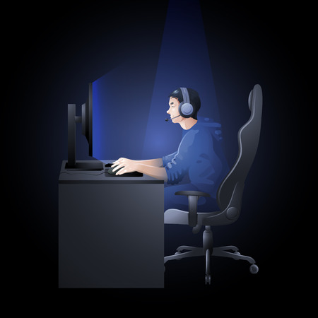 Young man sitting at the table and playing computer. Side view. Cyber sport concept.のイラスト素材