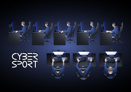 Young men sitting at the table and playing computer. Side and top views. Cyber sport concept. Vector setのイラスト素材