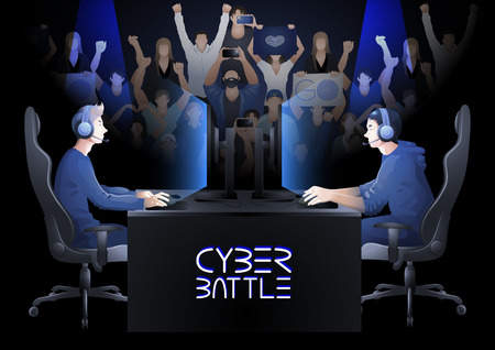 Two computer players opposite each other with a crowd of cheering fans. Side view. Vector participants of cyber sport tournamentのイラスト素材
