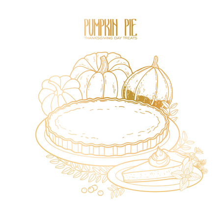 Graphic pumpkin pie drawn in line art style. Thanksgiving day design in golden colors.のイラスト素材