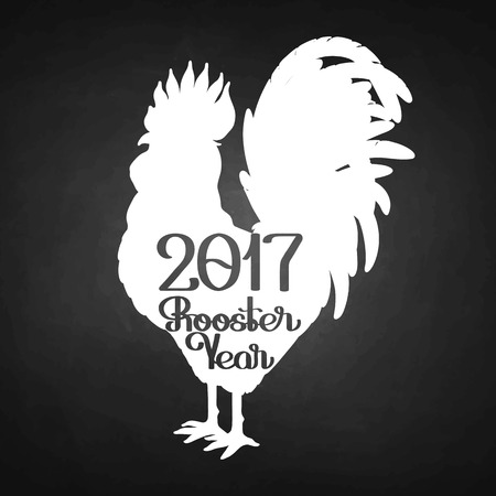 Graphic rooster silhouette with inscription. Symbol of 2017 year isolated on the chalkboard.のイラスト素材