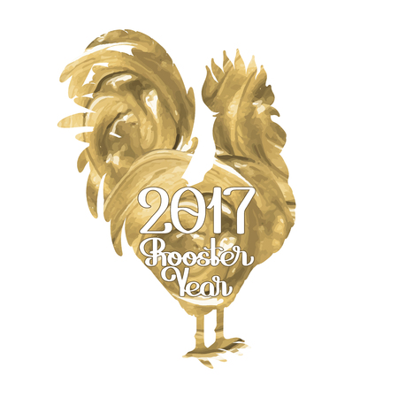 Graphic rooster silhouette with inscription. Symbol of 2017 year isolated on white backhround with golden acrylic texture.のイラスト素材