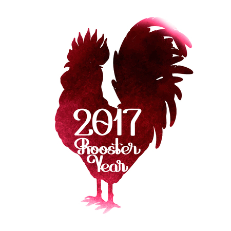 Graphic rooster silhouette with inscription. Symbol of 2017 year isolated on white backhround with vinous watercolor texture.のイラスト素材