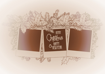 Christmas coniferous design with holly and photo paper. Vector holiday card. Vector design elements isolated on the vintage background in ocher colors.のイラスト素材