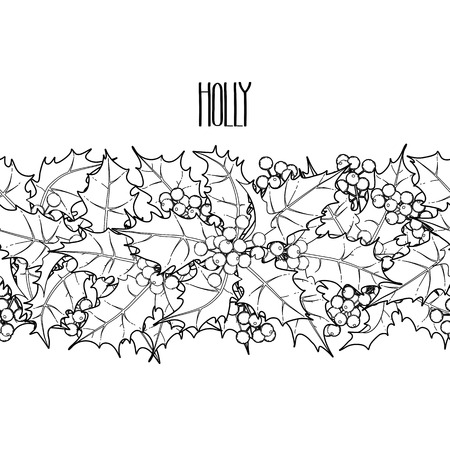 Graphic leaves and berries drawn in line art style. Vector endless border. Coloring book page design for adults and kids.のイラスト素材